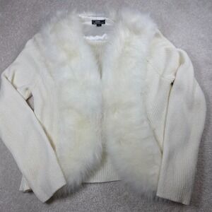 Lisa International Sweater Womens PL Off-White Cardigan Faux Fur Trim Vintage